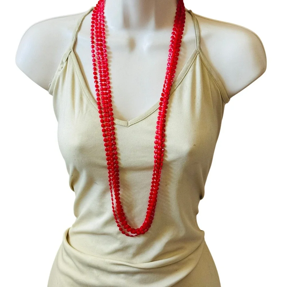 VTG Retro 60s Lucite multi beaded necklace bright red beads‎ Long Statement 36